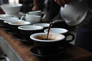 jarra taza bebida cafeína bebida café Café exprés mesa desayuno alimento. generativo ai. foto