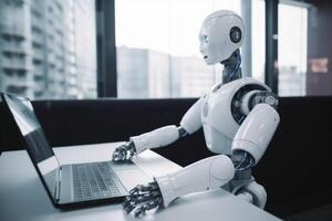 ai technology laptop paper office robot hand document digital artificial. . photo