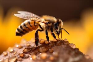 background pollen gold nature wildlife honey insect closeup bee yellow macro. Generative AI. photo