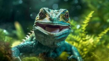 iguana green close-up reptile animal scale portrait wildlife glasses lizard. Generative AI. photo