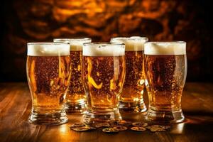 pub beverage lager pint drink beer foam glass gold alcohol. Generative AI. photo