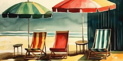 relax rest summer resort vacation exotic umbrella chair watercolor beach background. Generative AI. photo