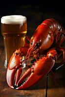 glass food rustic beer snack crawfish crab red crayfish background seafood. Generative AI. photo