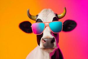 face animal character colourful funny cute sunglasses head cow portrait. Generative AI. photo