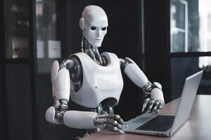 digital hand robot document paper laptop ai technology office artificial. . photo