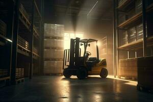 distribution logistic storage delivery cargo sun box transportation forklift warehouse. Generative AI. photo