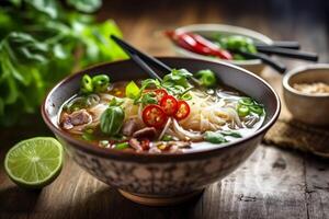 asian meal hot bowl food japanese dish noodle soup background vegetable. Generative AI. photo