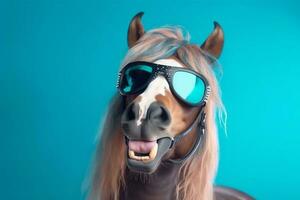 animal sunglasses colourful background art portrait smile fun goggles funny horse. Generative AI. photo
