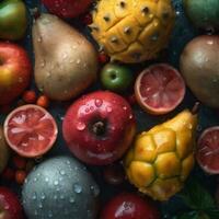 fresh vitamin strawberry drop fruit healthy green food market water background. Generative AI. photo