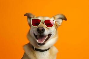 dog sunglasses portrait pet cute background animal orange isolated funny smile. Generative AI. photo
