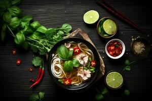 soup food hot noodle vegetable japanese cuisine asian meal background bowl. Generative AI. photo