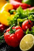 organic vegetarian food green water background healthy pepper vegetable drop close-up fresh. Generative AI. photo