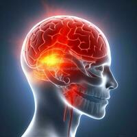 headache pain medicine red head x-ray medical blue brain anatomy. Generative AI. photo