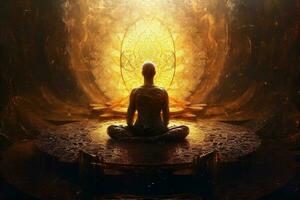 peace pose meditation chakra spiritual energy yoga silhouette aura zen. Generative AI. photo