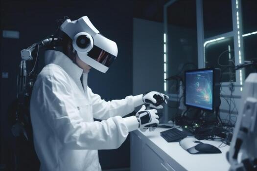 futuro hombre ingeniero lentes negocio innovación tridimensional robótico virtual tecnología 3d robot. generativo ai. foto