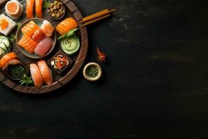 rice food healthy fresh asian japanese seafood roll fish sushi. Generative AI. photo
