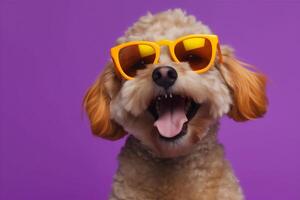 funny dog smile sunglasses animal fashion background cute pet portrait isolated. Generative AI. photo