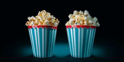 snack box white refreshment popcorn corn background blue entertainment food cinema. Generative AI. photo