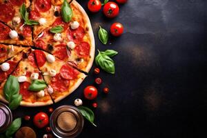 copy food black fast food meal tomato background homemade space pizza cheese italian. Generative AI. photo