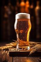 glass pint beverage alcohol lager foam gold beer drink pub. Generative AI. photo