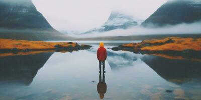 espalda hombre excursionismo viaje capa lago amarillo agua montaña estilo de vida naturaleza. generativo ai. foto