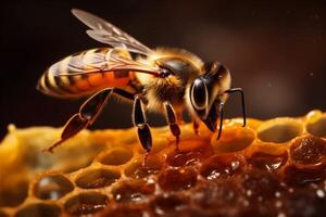 nature bee background macro insect pollen gold wax yellow honey closeup. Generative AI. photo