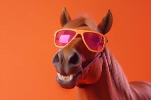 smile pet background animal goggles funny horse portrait sunglasses fun colourful. Generative AI. photo