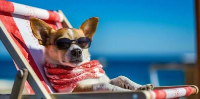 dog relax vacation lazy funny chair summer beach sunglasses pet. Generative AI. photo