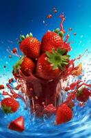 frescura sano antecedentes fresa agua rojo azul chapoteo Fresco comida fruta. generativo ai. foto