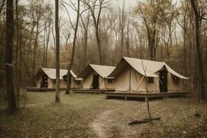 glamping vacation travel luxury forest canvas tent nature camping light. Generative AI. photo