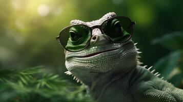 reptile portrait wildlife green scale animal glasses lizard iguana close-up. Generative AI. photo