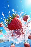 healthy blue freshness food fresh water strawberry splash background red fruit. Generative AI. photo