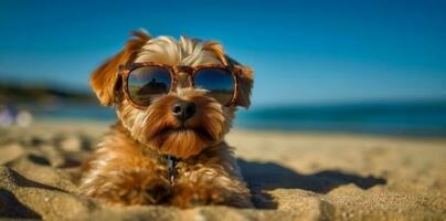 dog lazy chair sunglasses beach funny summer vacation pet relax. Generative AI. photo