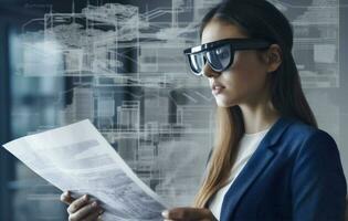 technology woman virtual 3d business innovation hand futuristic glasses digital graphic. Generative AI. photo