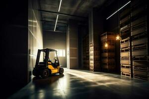warehouse forklift delivery transportation distribution logistic box cargo storage sun. Generative AI. photo
