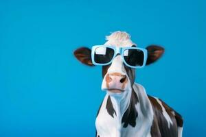 space portrait face head sunglasses funny cow animal background copy blue eyeglass. Generative AI. photo