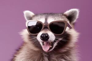 raccoon young celebration music party background glasses portrait pet animal fun. Generative AI. photo