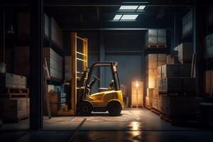 cargo warehouse distribution storage transportation logistic forklift delivery box sun. Generative AI. photo