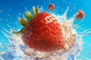 blue strawberry water fruit splash fresh freshness red food background healthy. Generative AI. photo