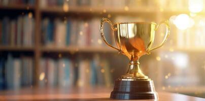 prize champion cup library award celebration trophy bokeh competition gold. Generative AI. photo