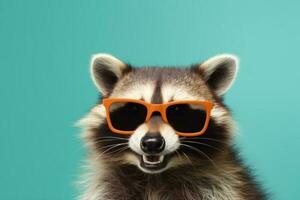 young raccoon neon fun music glasses party portrait pet animal background. Generative AI. photo