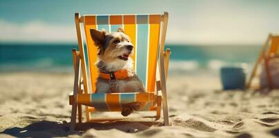 summer dog sunglasses funny lazy relax pet vacation chair beach. Generative AI. photo