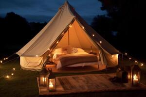 nature travel tent light vacation forest camping canvas luxury glamping. . photo