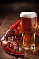 glass food dark crayfish crawfish seafood beer red background crab snack. Generative AI. photo