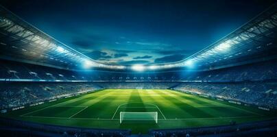 soccer sport game green arena world football goal stadium light. Generative AI. photo