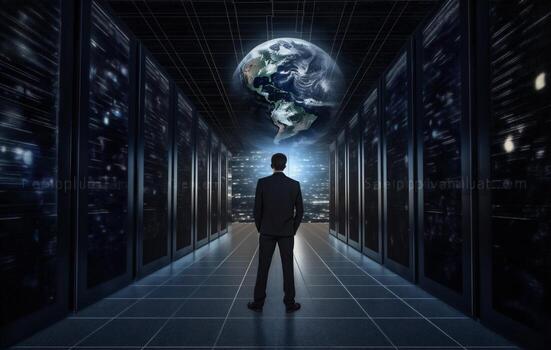 man system server connection datum computer rack data storage center technology network. . photo