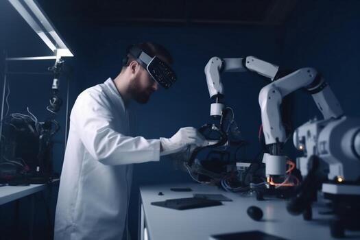 man 3d future technology engineer virtual robot three-dimensional innovation robotic glasses entertainment. . photo