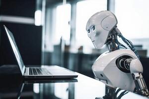 technology document ai robot hand digital artificial paper laptop office. . photo