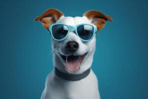 pet dog sunglasses funny portrait animal background cute smile blue isolated. Generative AI. photo