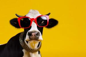 head animal face funny cute portrait character colourful sunglasses cow. Generative AI. photo